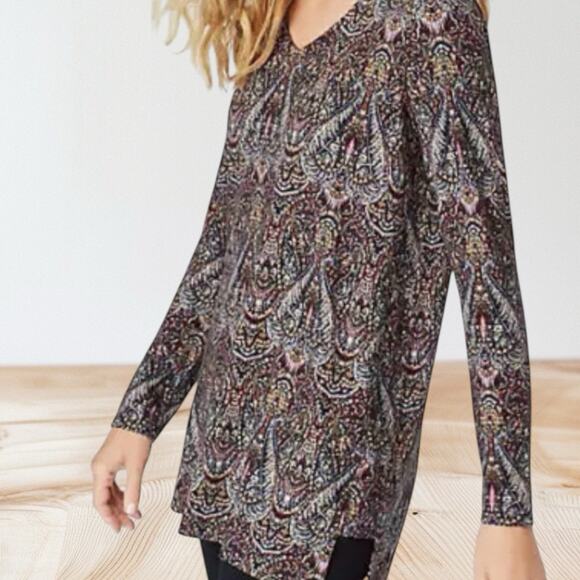 J. Jill Paisley Tunic Top Blouse Sz Large Cotton Modal Knit V Neck Long Sleeves - Picture 2 of 14